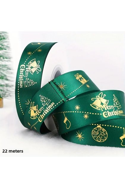 Christmas Patterned Satin Ribbon, New Year Party Gift Wrapping Ribbon, Green, 2.5 cm - 22 Meters