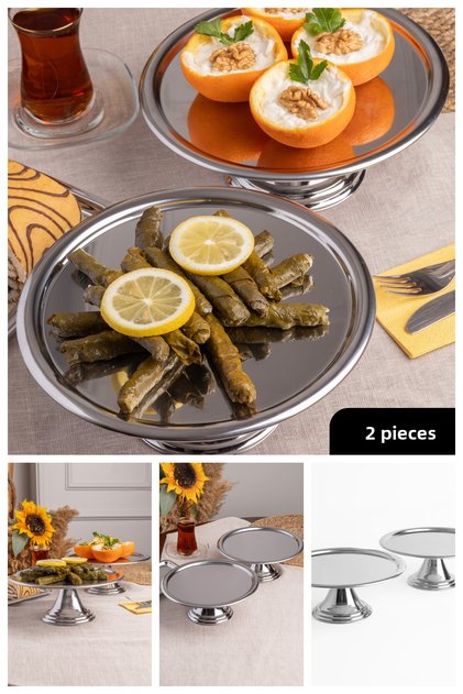 2-Piece Silver Round, Stylish Cake, Pastry, Cookie and Dessert Serving Presentation Stand with Pedestal