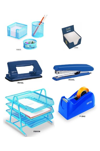 Blue Office Set (Document Rack, Desk Set, Hole Punch, Tape Cutter, Stapler, Cube Note Holder)
