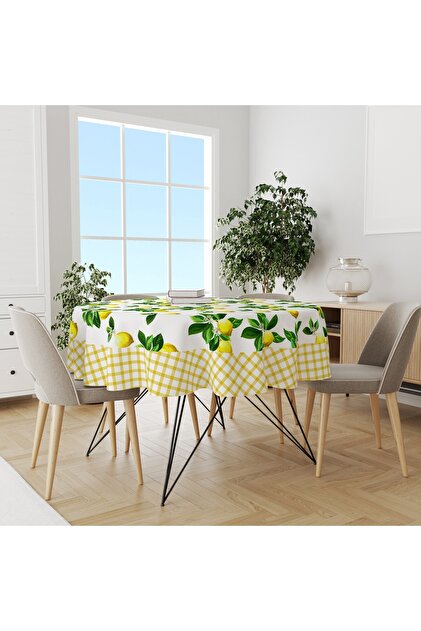 Round Plaid-Trimmed Lemon Patterned Easy-Care Tablecloth