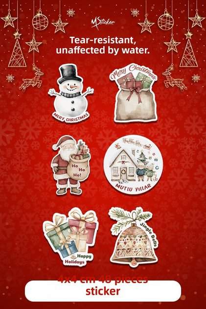 Happy New Year Sticker 4 cm 48 Pieces - Waterproof New Year Christmas Sticker, Gift Package Decoration
