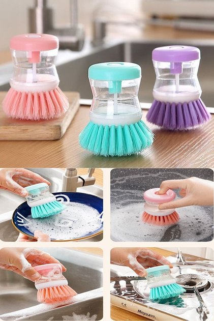 Convenient Bathroom Dish Brush with Detergent Dispenser and Button Operation