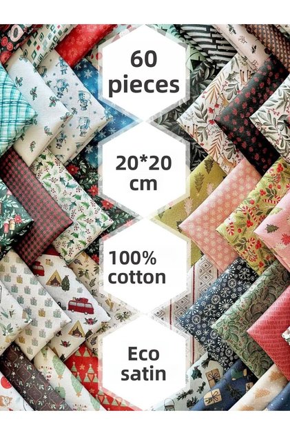 100% Cotton Satin Fabric – 60 Pieces 20X20 Cm, New Year and Winter Themed Patterns, for Patchwork