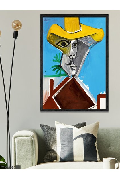 Pablo Picasso Portrait in a Yellow Hat One Piece Black Wooden Framed Painting
