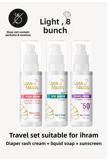 Unscented Ihram Travel Kit Sunscreen, Liquid Soap, Diaper Rash Cream - Raw Cloth Pouch Gift!