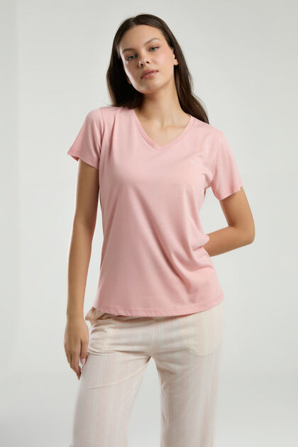 Women's V-Neck Pigment Printed Summer Regular Fit Pink Capri Set Ar3221-S-V2