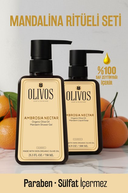 Ambrosia 2’li Set – %100 Doğal Zeytinyağlı Mandalina Kokulu Duş Jeli ve El Sabunu, 1250 ml