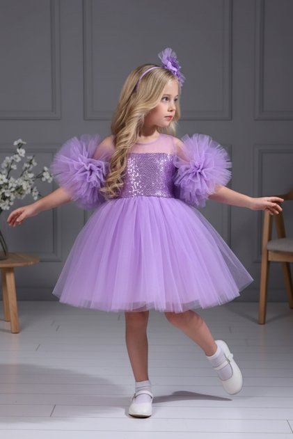 Lilac Color Children's Evening Dress with Sleeve Detail and Pompom Buckle Aby458