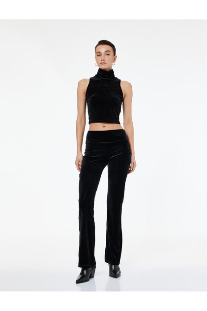Sleeveless Slim Fit Turtleneck Glitter Crop Velvet Top