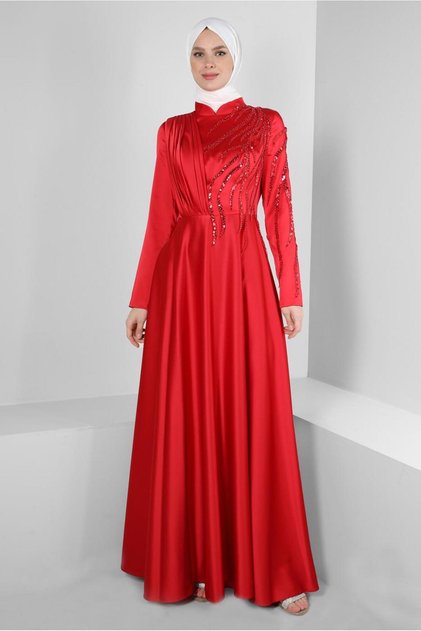 STONE EMBROIDERED DRAPE DETAILED EVENING DRESS 50352