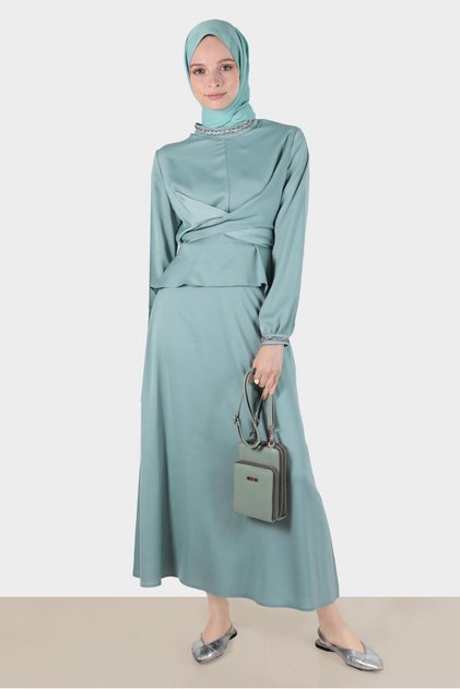 Cross-Bound Satin Double Skirt Suit 30280