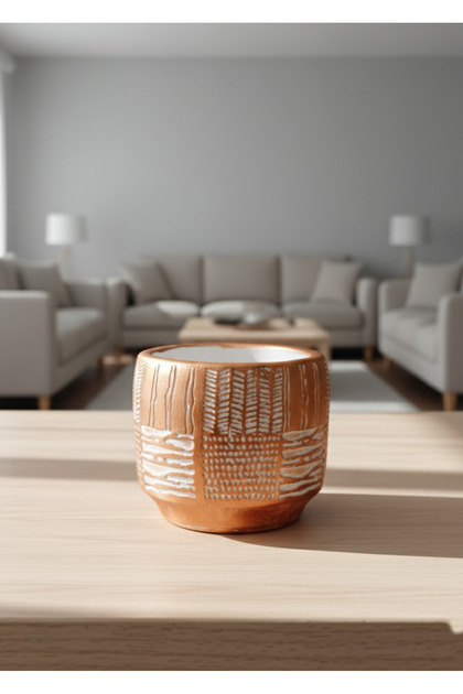 Antik Desenli Bronz Yaldızlı Beton Saksı