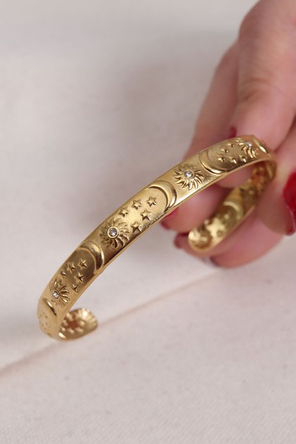 Gold Color Steel Bracelet with Moon and Star Figures
