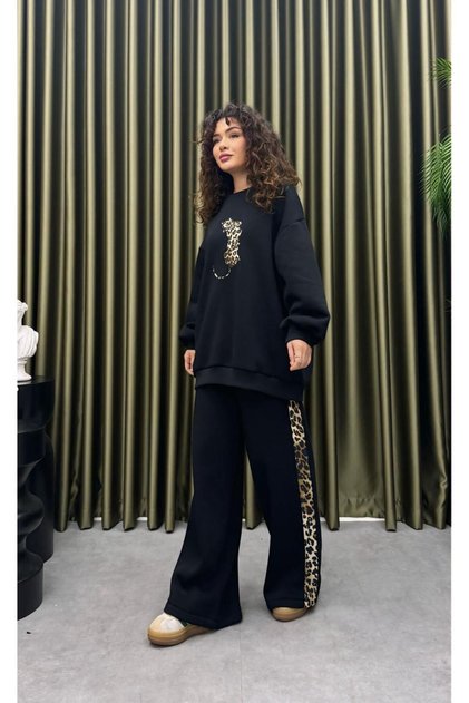 Leopard Embroidered Ribbed Double Pants Set - Women's Tracksuit Set