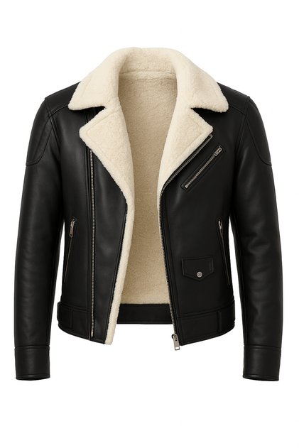 Men's Napa Leather Cross-Zip Full Fur-Lined High-Quality Slim Fit Black-Cream Coat & Jacket