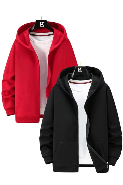 2'li Kapüşonlu Unisex Fermuarlı Sweatshirt / Hırka