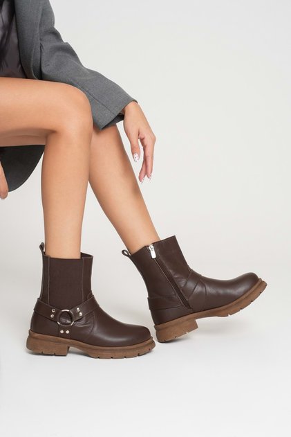Women's Genuine Leather Boots with Metal Accessories - Brown