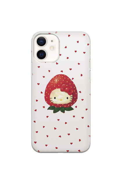 iPhone 12 Compatible Strawberry Hello Kitty Patterned Transparent Phone Case