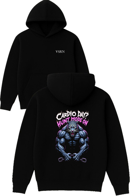 Cardio Day Gym Design Printed Oversized Black Hooded Sweatshirt