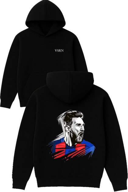 Messi Old Design Printed Oversized Black Hooded Sweatshirt