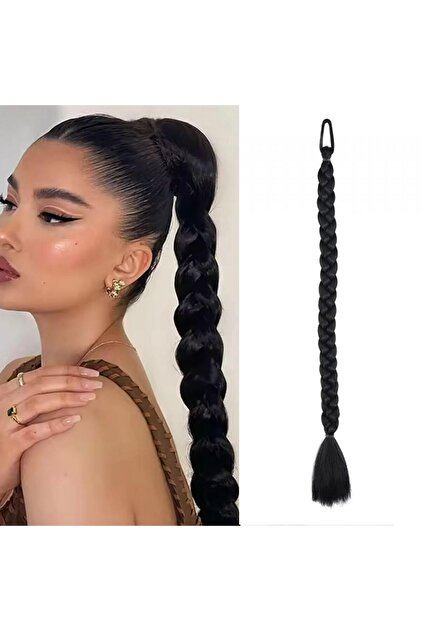 Siyah Renk Örgülü At Kuyruğu Takma LastikTokalı Örgülü Saç (65 Cm)