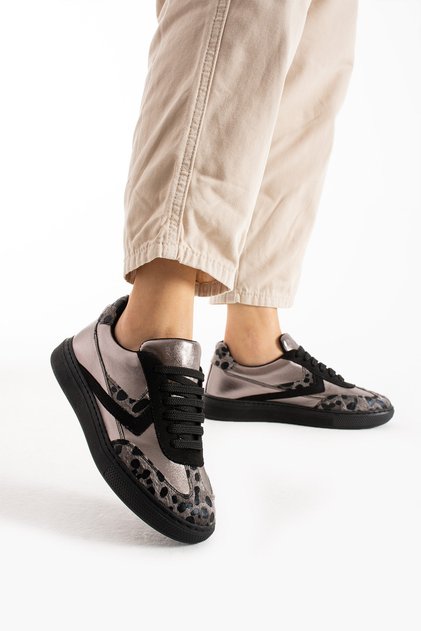 Black Platinum Leopard Flat Sole Lace-Up Women's Sneakers