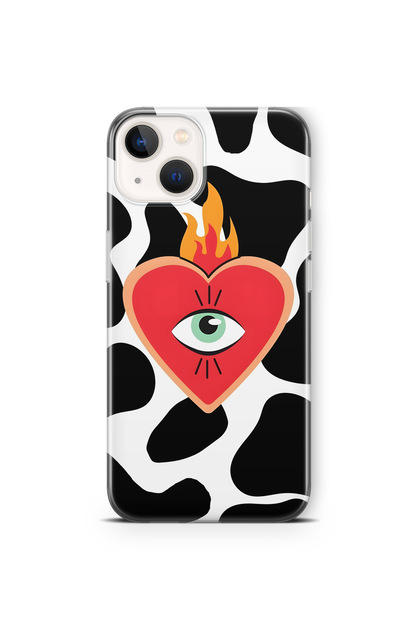 iPhone 15 Compatible Transparent Phone Case with Flame Heart Pattern