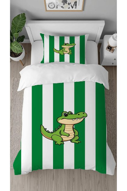 Crocodile Green and White Patterned Printed Special Design Single Style Children's Duvet Cover Set Without Sheets