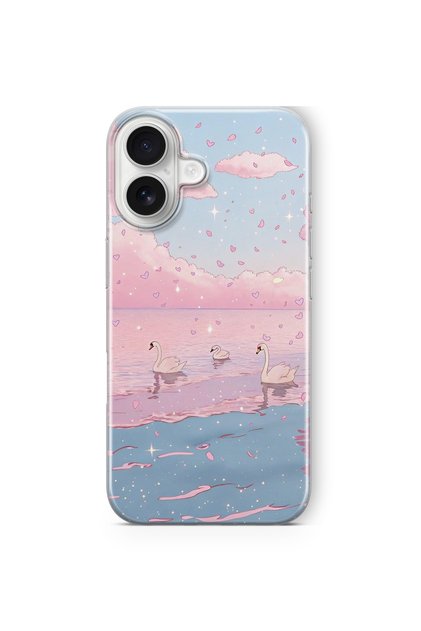 iPhone 17 Uyumlu Pembe Gökyüzü ve Kuğu Desenli Şeffaf Telefon Kılıfı