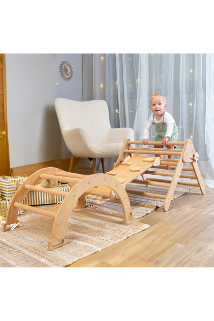 Set de catarare mic 3in1, Triunghi Pikler cu Rampa si Arc Escaladare, 1-3 ani, lemn