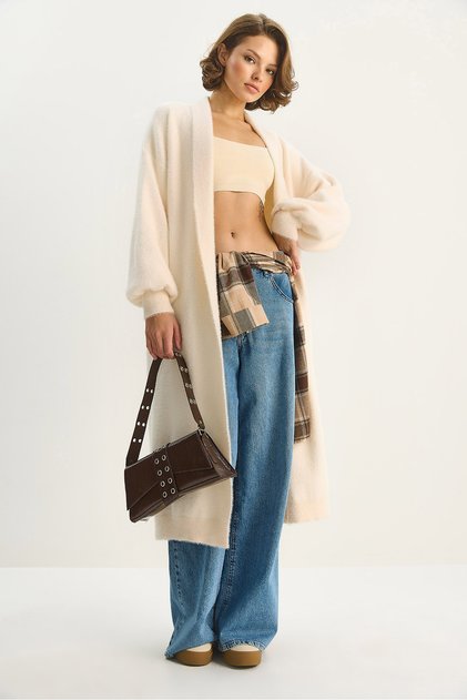 Women's Cream Shawl Collar Soft Textured Bearded Long Knitwear Soft Cardigan Th251015 60283574