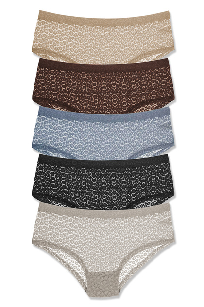 5-Piece Leopard Lace Hipster Women's Panties with Elastic Waistband