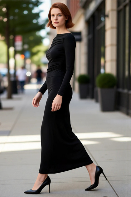 Women's Boat Neck Bodycon Long Sleeve Midi Dress Ruched Detail Knitted Fabric Stylish for All Seasons