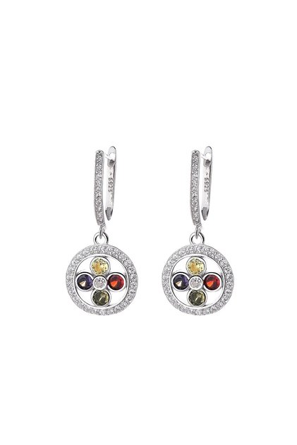 Cercei Argint 925 Rotunzi Floare 4 Zirconii Colorate Multicolor Placați Rodiu JW1616