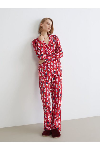 Shirt Collar New Year's-Themed Women's Pajama Set