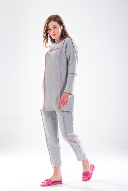 Women's Gray Pink Stitching Detailed Hijab Homewear Tracksuit Set – Carrot Fit Bottom, 85 cm Tunic Length _2278