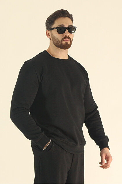 Men's Black Regular Winter Cotton Fleece Lined Crew Neck Basic Sweatshirt