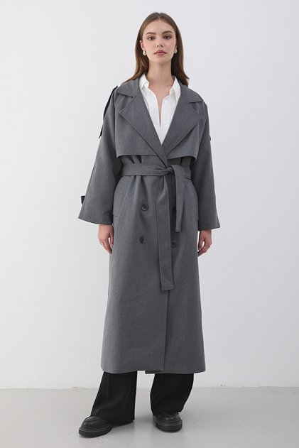 Women's Anthracite Double-Breasted Collar Belted Long Trench Coat
