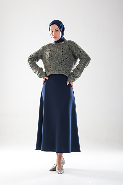 Women's Navy Blue High Waist Scuba Puff Skirt, Hijab Flared Skirt with Hidden Zipper Closure _2279
