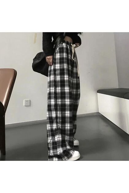 Black and White Plaid Pattern Elastic Waist Comfortable Pants
