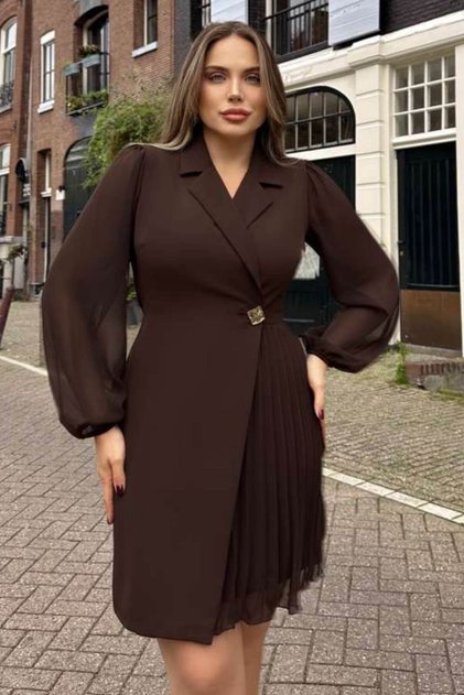 Women's Evening Dress - Metal Button Detailed Jacket Collar Skirt with Pleats 017