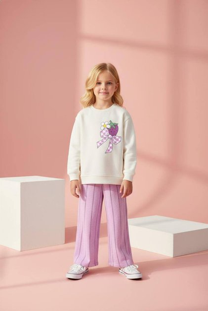 Girls' Bottom and Top Set with Striped Pants with Strawberry Print