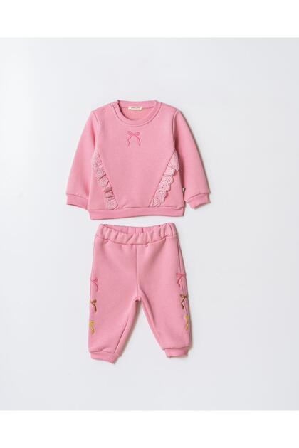 Girls' Cotton Pink Lace and Bow Detail Tracksuit Set - Two Piece Set with Soft Fabric