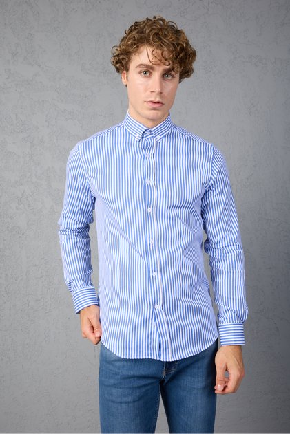 Cobalt - White Striped Cotton Lycra Slim Fit Men's Shirt