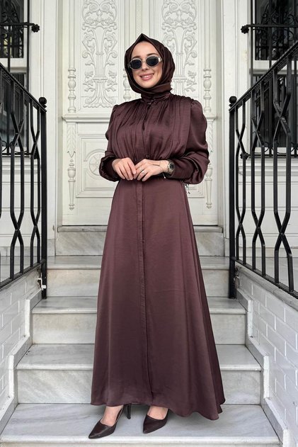 26FWELB0004 Önü Büzgülü Kadın Elbise Kahve