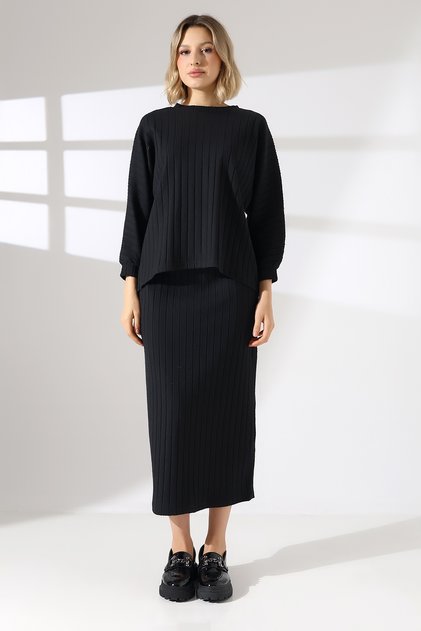 Women's Low-Sleeve Woven Blouse-Skirt Set/Wide Fit Suitable for Tesettüre