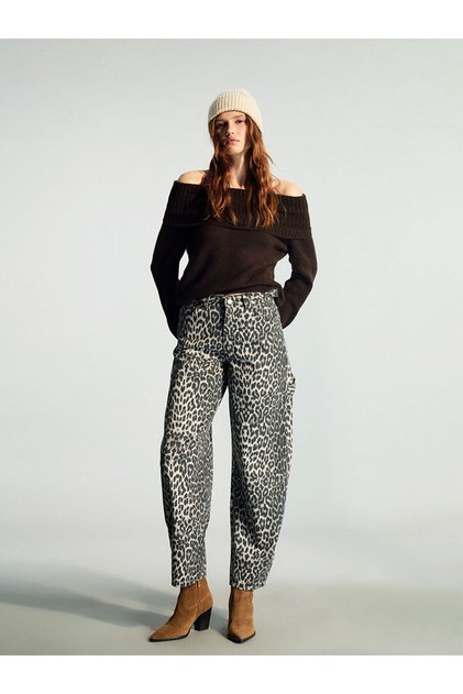 Two Mt Shop Quality Xside Brown Denim Leopard Baggy Fit High Waist Narrowed Leg Women's Jean Pants