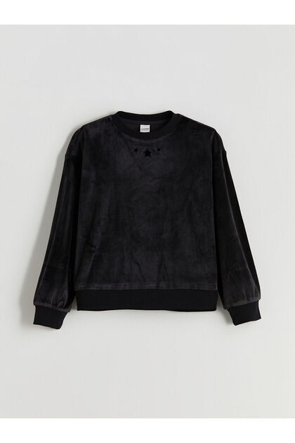 Lcw Kids Black Crew Neck Velvet Girls' Sweatshirt W5Dy92Z4