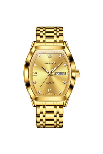 Ceas Bărbătesc Auriu Tonneau Oțel Inoxidabil Quartz Zi și Dată Luminos CS1590