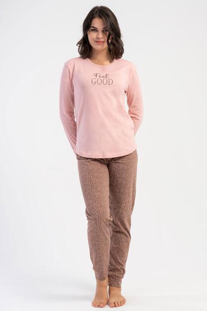 Women's Pink Long Sleeve Crew Neck Polka Dot Bottom Pajama Set C6T5N3305